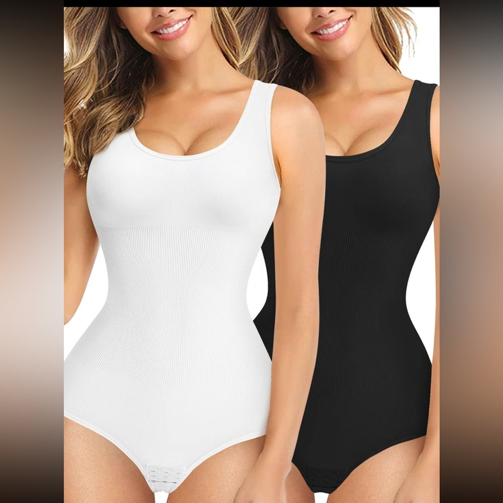 (2) Scoop Neck, Compression Shapewear Bodysuit, Stretch Tummy Control Bodysuit